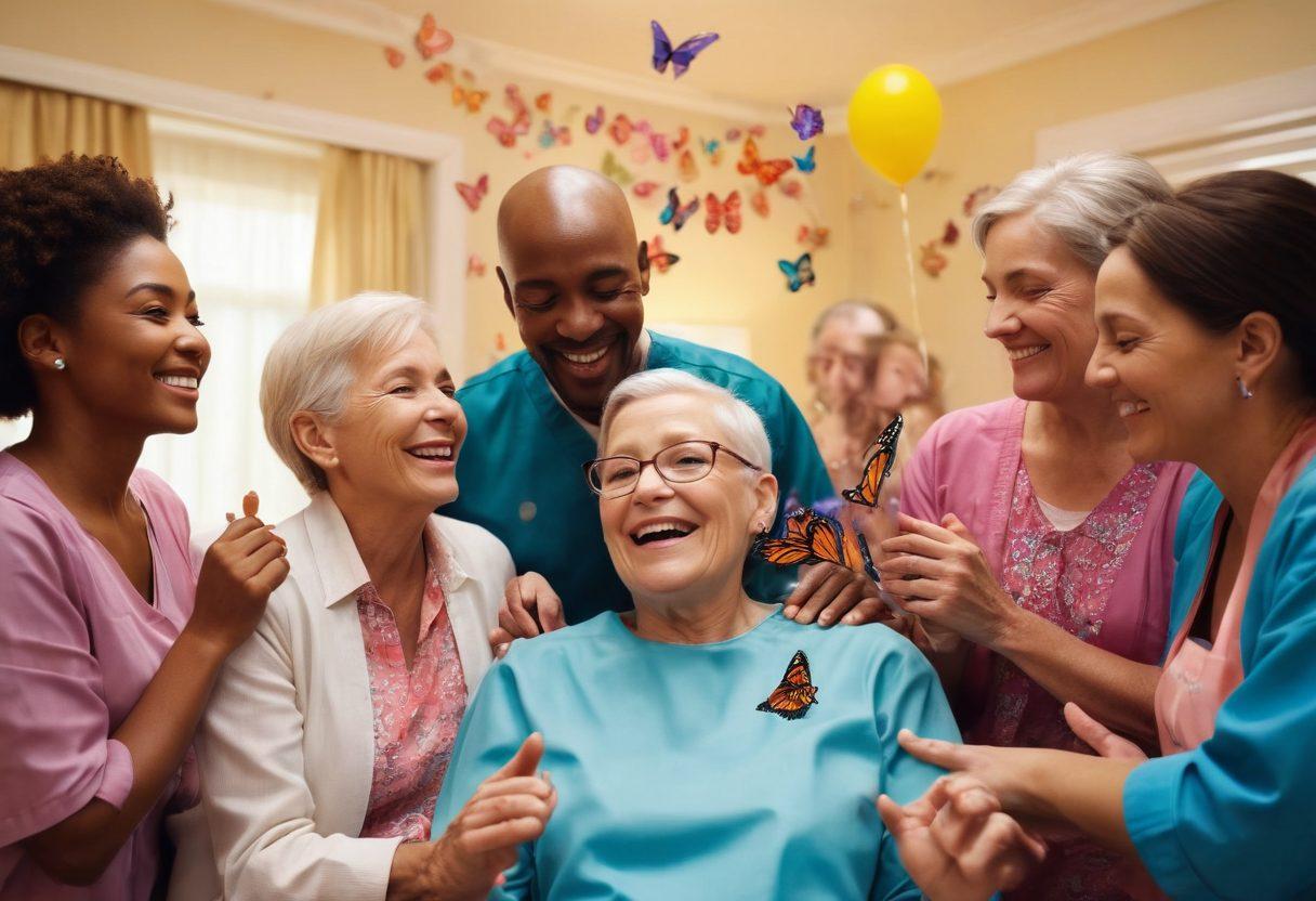 A heartwarming scene depicting a diverse group of people supporting a cancer patient, showcasing vibrant emotions of hope and togetherness. Include elements like a hospital setting transitioning to a warm home environment, with symbolic visuals such as butterflies, flowers, and ribbons. The patient is smiling, surrounded by family and friends, celebrating small victories in their journey. super-realistic. vibrant colors. warm lighting.
