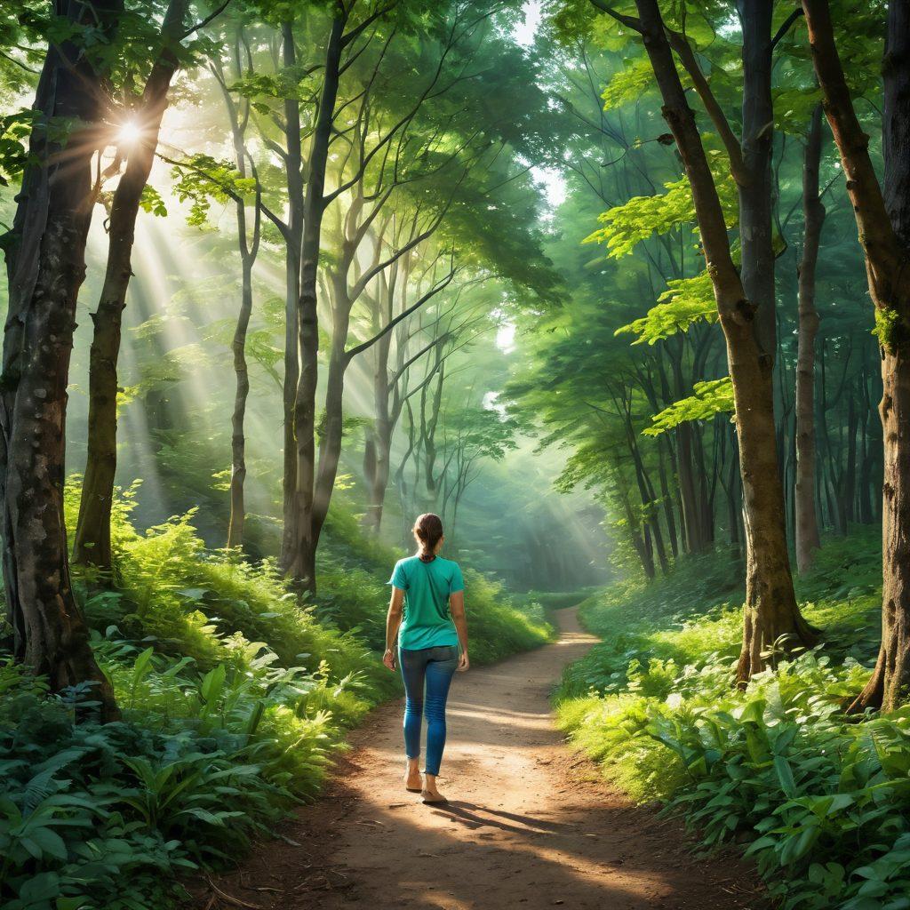 A serene path winding through a lush green forest symbolizing hope and resilience, with ethereal light filtering through the leaves above. Along the path, icons of essential resources like books, support groups, and healthy foods gently illuminated. A figure, representing a cancer fighter, walking confidently with a bright smile. The atmosphere is uplifting, inviting, and filled with vibrant colors that convey strength and support. oil painting. vibrant colors. soft background.